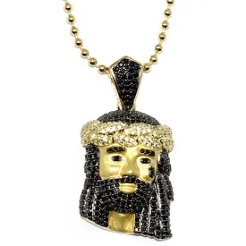 18k Matte Gold Plated Jesus Piece with Black 30mm CZ and 30 inch ball chain