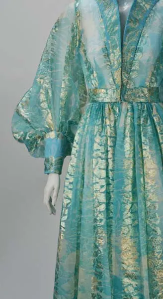 1970s Sheer Light Blue and Gold Metallic Hostess Gown