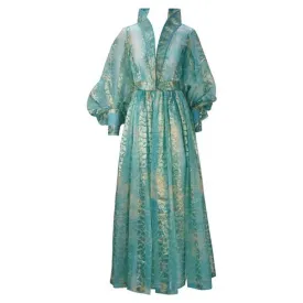 1970s Sheer Light Blue and Gold Metallic Hostess Gown