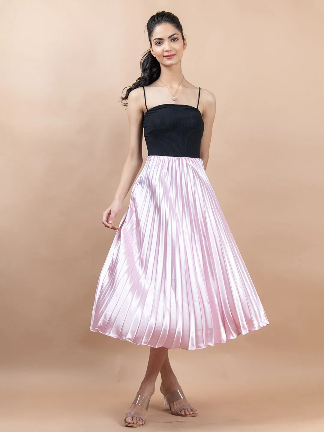 Baby Pink Flared Skirt with Accordion Pleats