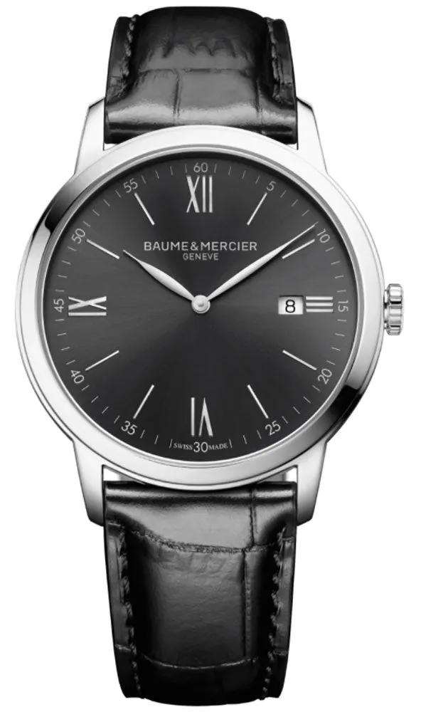 Baume & Mercier Classima Gray Dial Black Leather Strap Date Quartz Mens Watch MOA10416