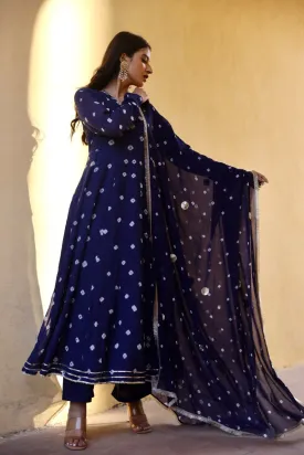 Blue handcrafted bhandhej anarkali