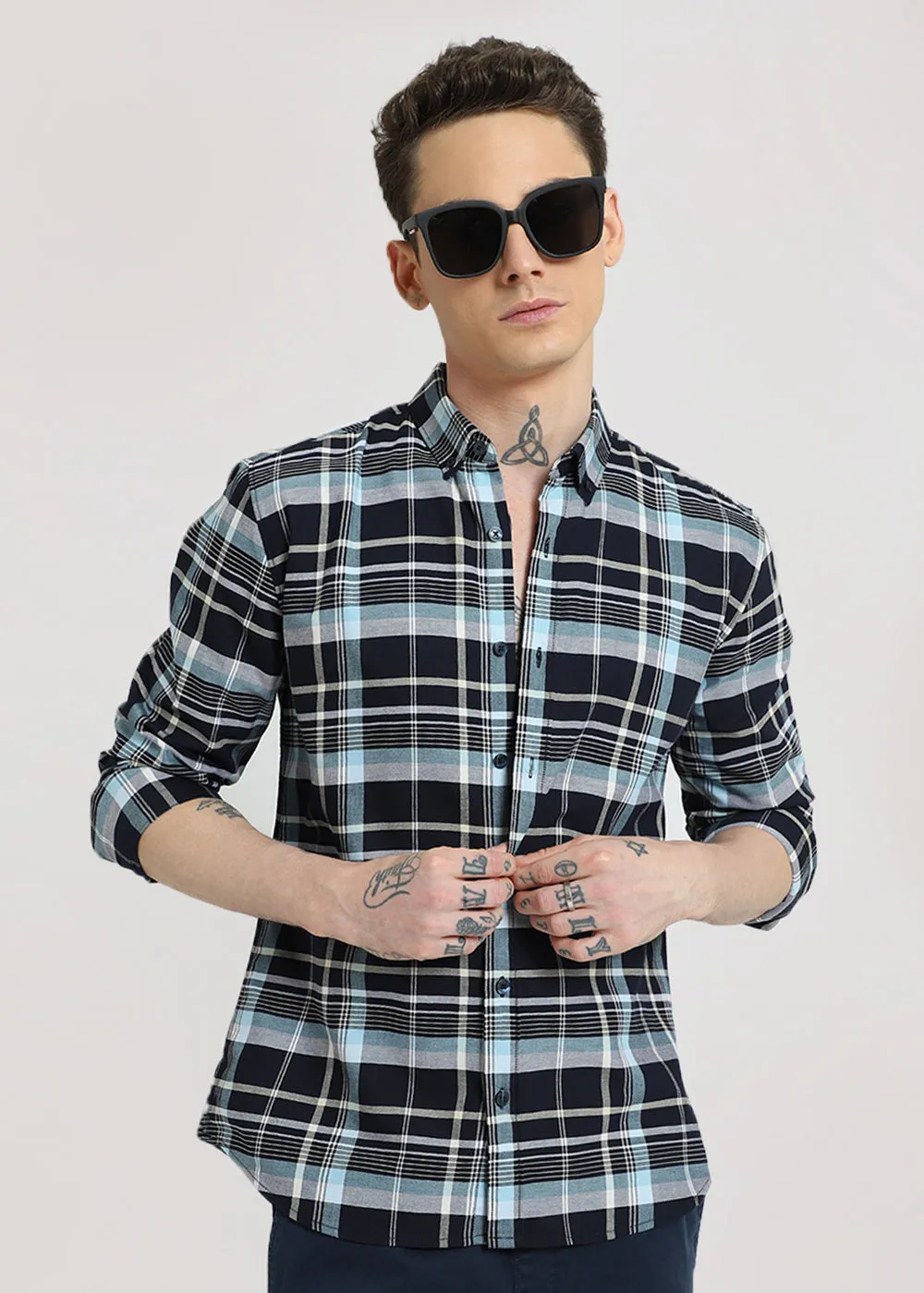 Blue Plaid Cotton Check Shirt