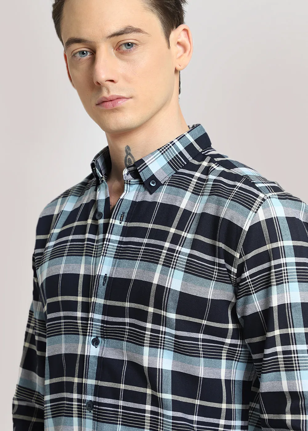 Blue Plaid Cotton Check Shirt