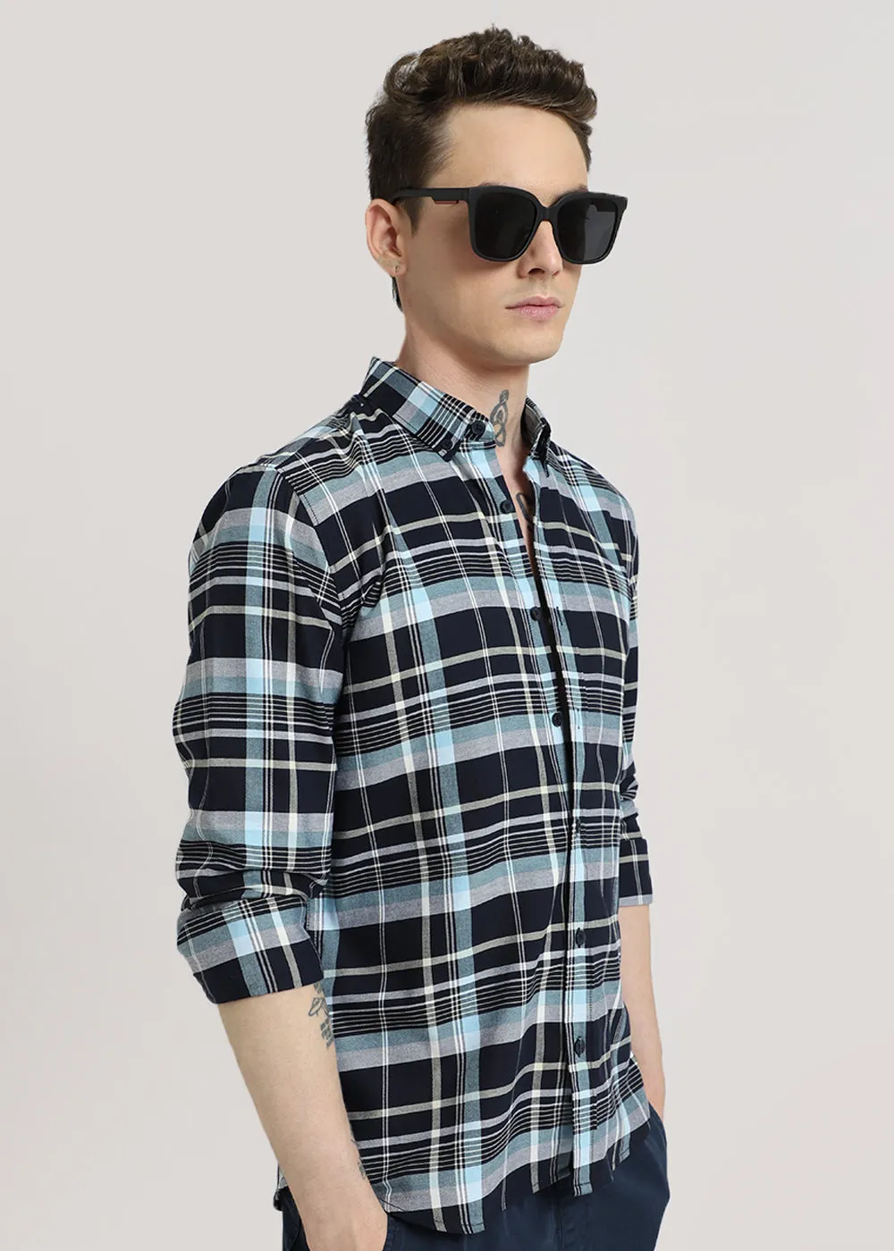 Blue Plaid Cotton Check Shirt