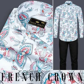 Bright White and Anakiwa Blue Leaves Printed Subtle Sheen Super Soft Premium Cotton Shirt