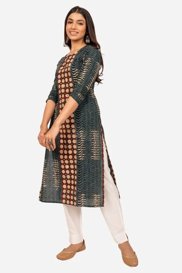 Brown And Green Handblock Printed Cotton Kurta