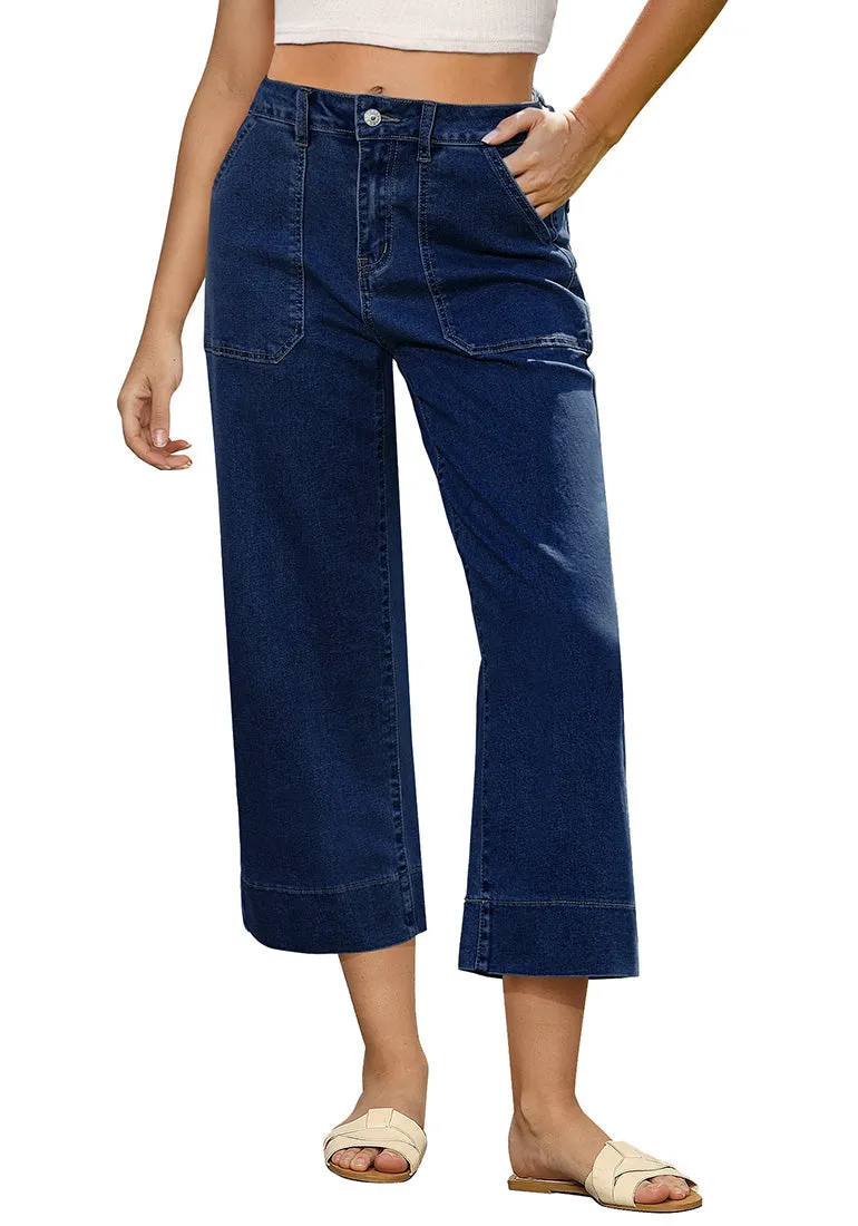 Dark Blue Women's Cropped High Rise Denim Pull On Retro Wide Leg Jeans