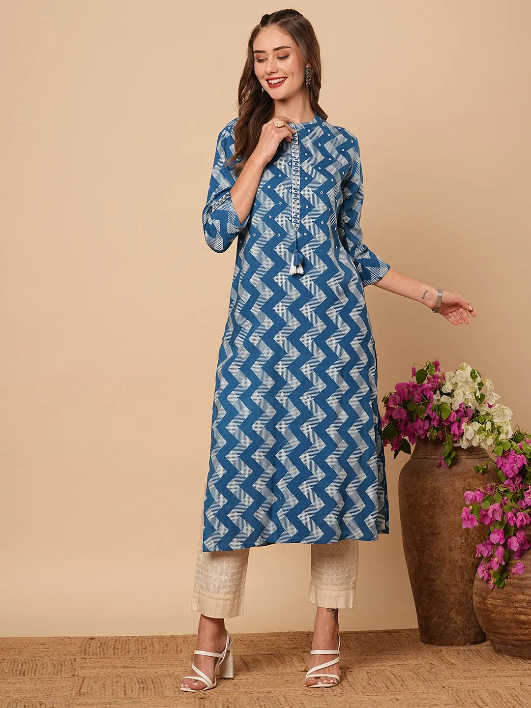 Ethnic Chevron Printed & Mirror Embroidered Straight Fit Kurta - Blue