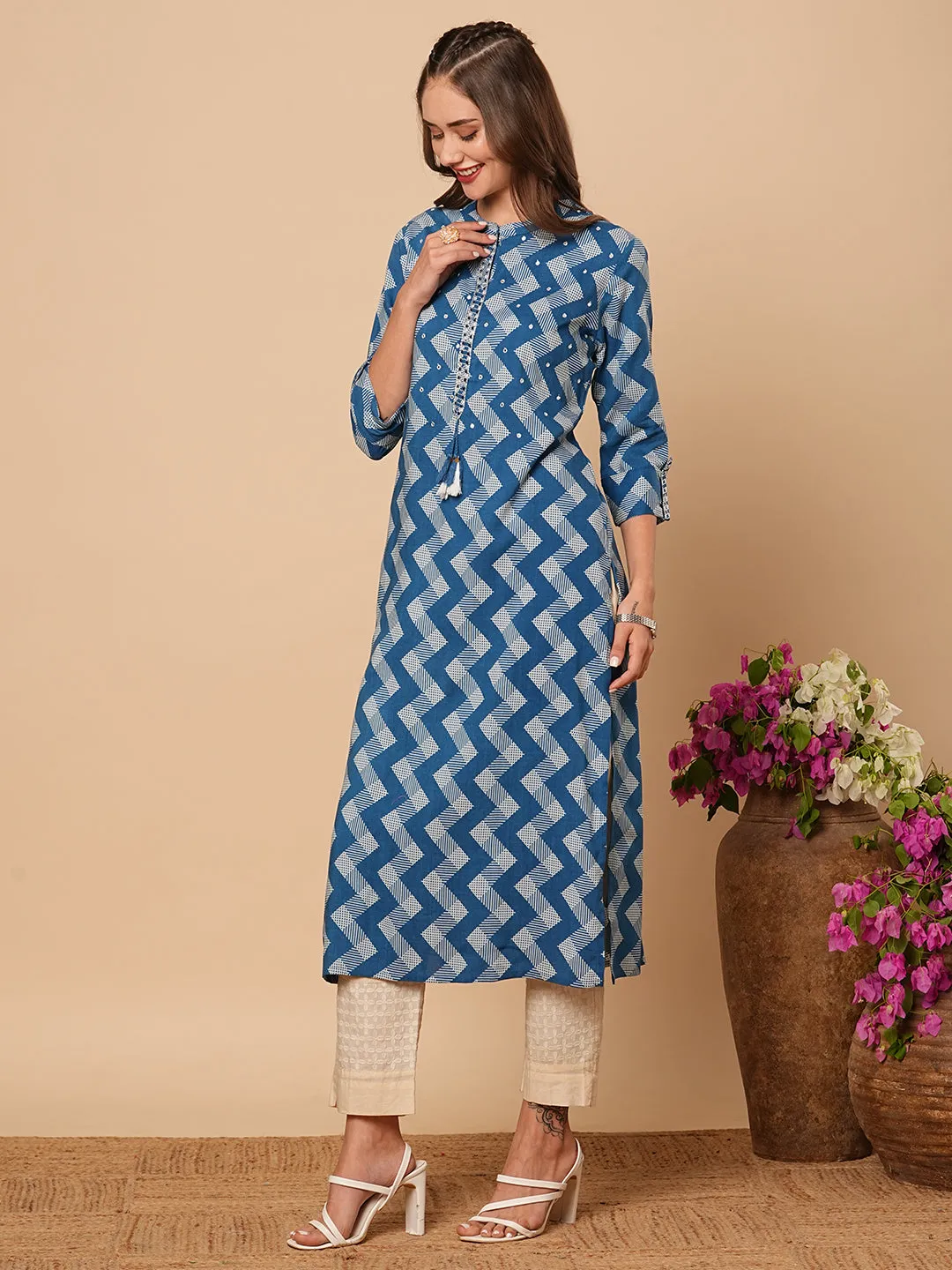 Ethnic Chevron Printed & Mirror Embroidered Straight Fit Kurta - Blue