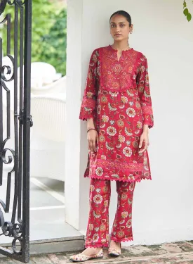 Fuchsia Floral Printed Modal Chanderi Kurta Set with Lace Work