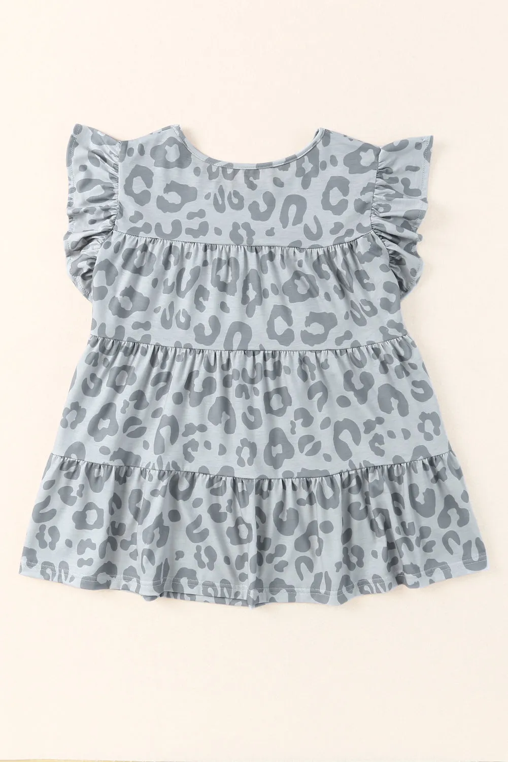 Gray Leopard Print Flutter Sleeve Tiered Tank Top