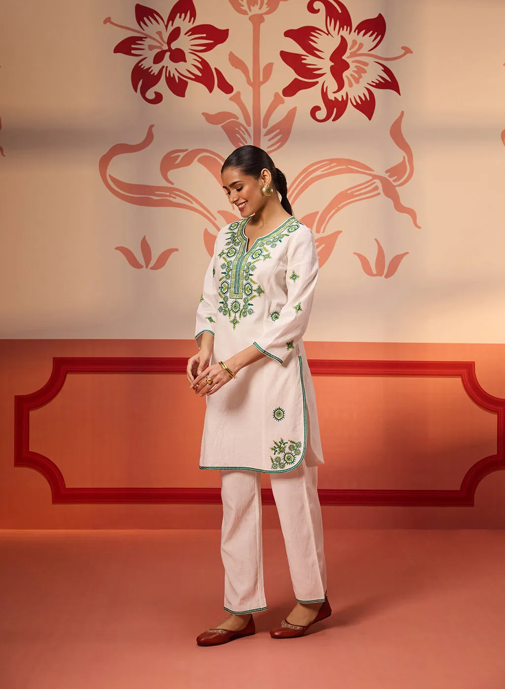 Jannat Ivory Embroidered Cotton Linen Designer Kurta Set