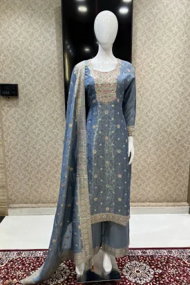 Light Blue Banaras, Sequins and Multicolor Thread work Salwar Suit with Palazzo Pants