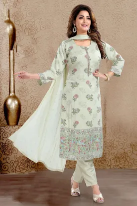 Light Pista Green Sequins, Thread and Zardozi work with Floral Print Straight Cut Salwar Suit