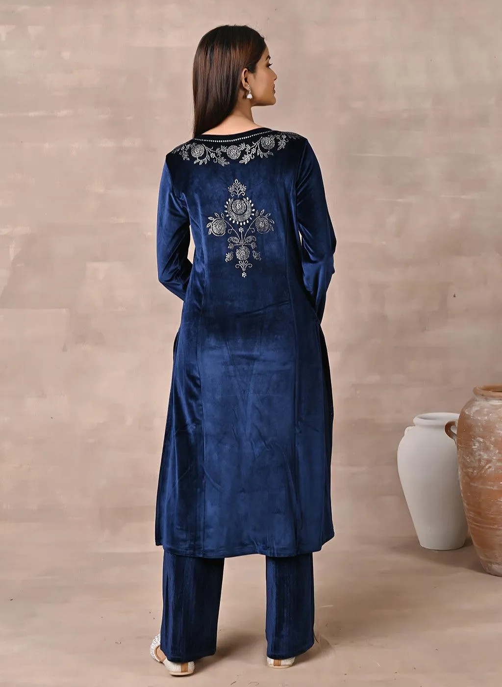 Navy Blue Velvet Kurta With Fine Mirror Work