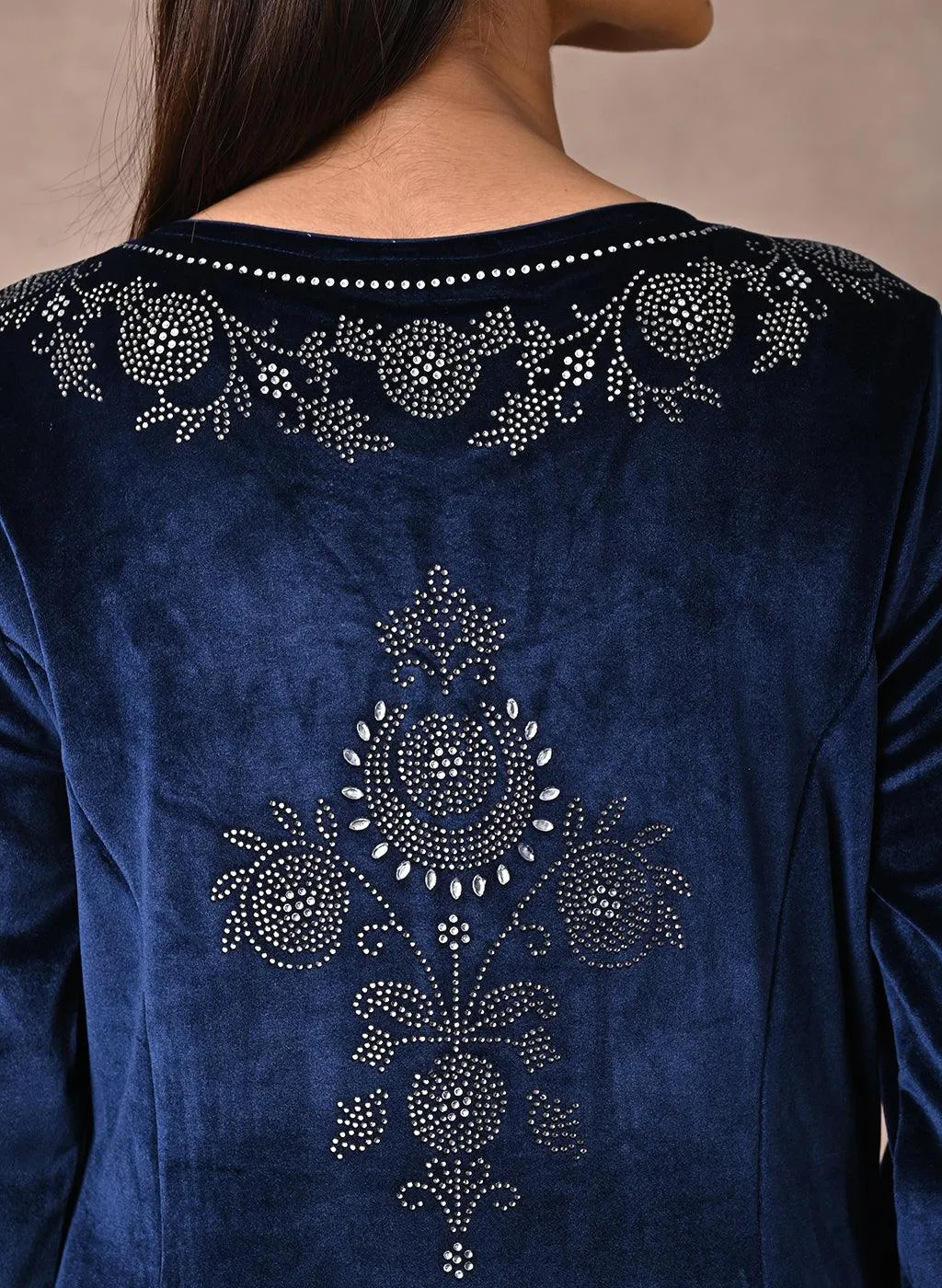 Navy Blue Velvet Kurta With Fine Mirror Work