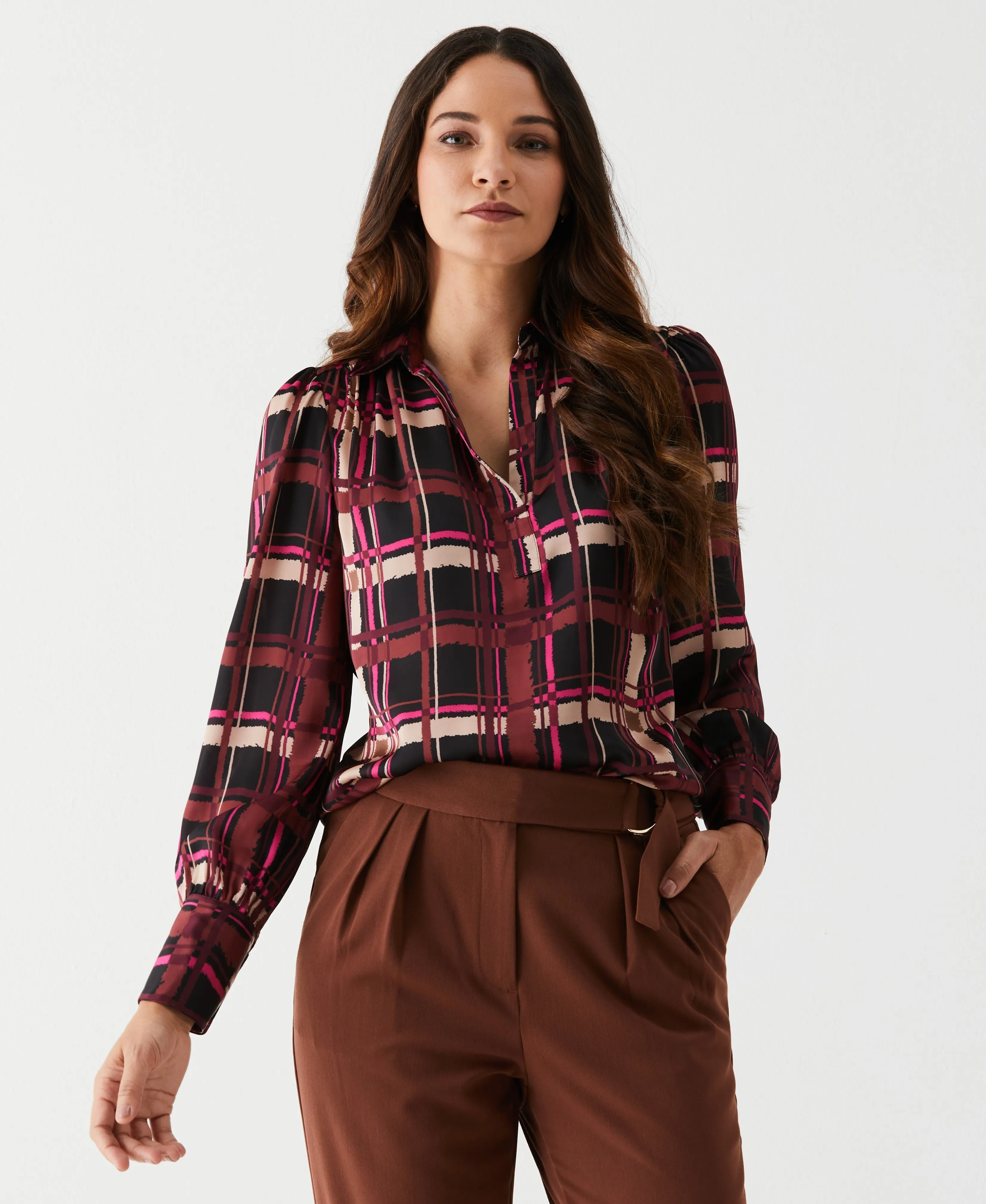 Petite Plaid Shirred Split Neck Blouse