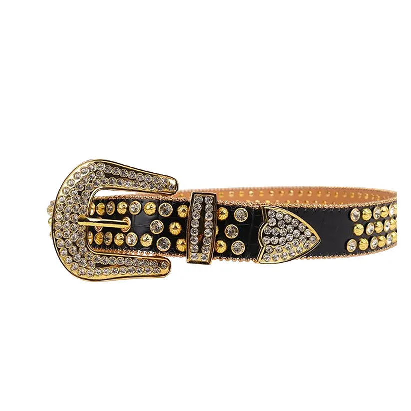 Rhinestone Black Strap With Gold & Crystal Studded Belt