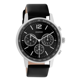 Silver coloured OOZOO watch with black leather strap - C10813