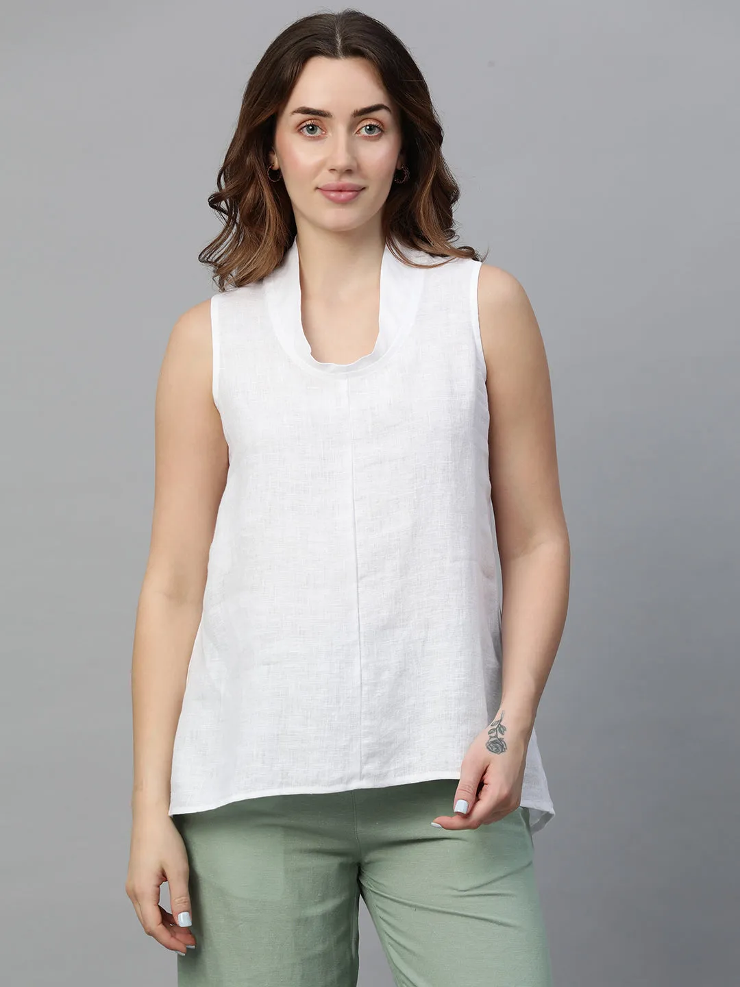 Women's White Linen Regular Fit Blouse